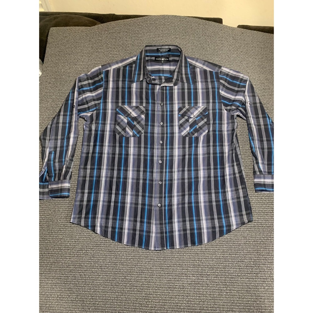 Beverly Hills Polo Club Button Up Shirt Mens 3XL Plaid Pockets Long Sleeve Blue